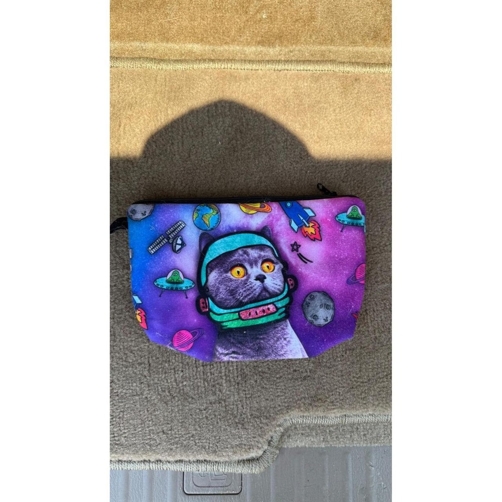 Space Cat Astronaut Galaxy Makeup Bag Cosmetic Pouch Purple Blue UFO Cosmic